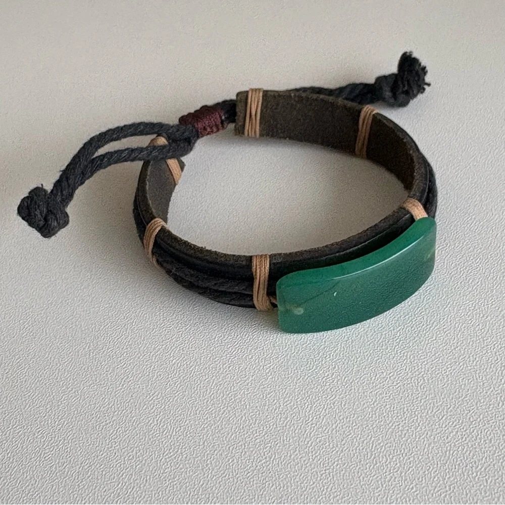 Jade & Leather Adjustable Bracelet - Picture 5 of 7
